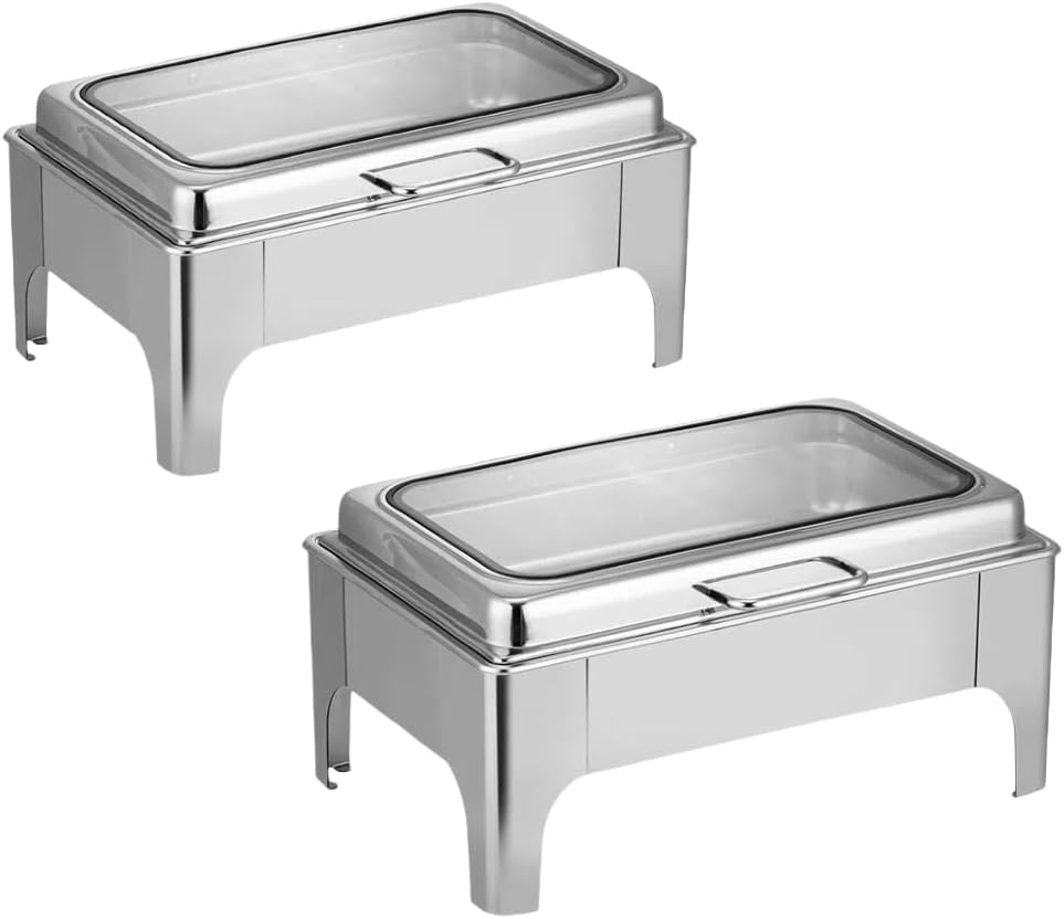 9QT Silver Chafing Dishes for Buffet, Stainless Steel Catering Supplies Buffet Display with Glass Lid & Hydraulic Damping,Food Heater Tray Buffet for Party, Wedding, Hotel & Banquet