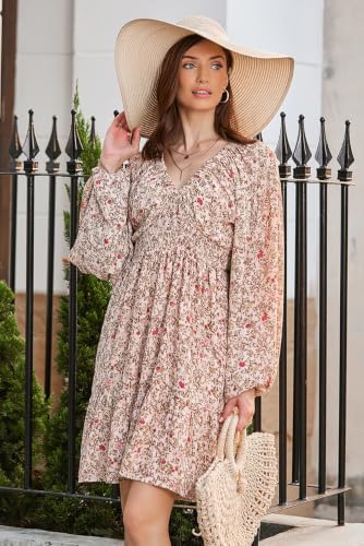 Image of Dokotoo Womens Dresses Boho Floral V Neck Long Sleeve Smocked Elastic Waist Casual A-Line Mini Dress Sundress