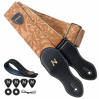 Nefelibata Sangle de guitare, 2,3 pouces style Porter en cuir sculpté avec des extrémités en cuir de haute qualité, 60s Western Style Vintage, Guitar Pick, Strap Button et Strap Lock - Les Beatles, Paul McCartney, John Lennon, RIngo Starr, George Harrison