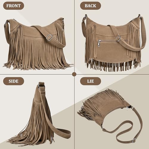 Image of Fringe Hobo Bags for Women Vintage Suede Crossbody Bag Hippie Western Cowgirl Purses Tassel Shoulder Bag