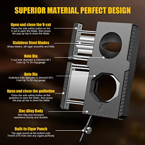 XIFEI Cigar Cutter V-Cut Guillotine 3 in 1 Straight Cut V Cutter with Cigar Punch Stainless Steel Blade Ergonomic Design Secure-Lock Cigar Clipper,Cuts Up to 60 Ring Gauge Cigars (Black)