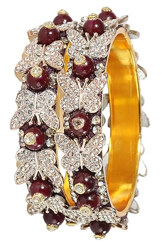 Image of LAVAZZA Stylish Butterfly Design Golden Metal with Zircon Diamond & Pearls Moti Bangles Kada For Women & Girls | Traditional Girl's Bangles Bracelet | Women's Kangan Wedding, Party-Set of 2