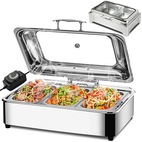 Aocay Chafing Dish Elettrico, Acciaio Inox Scaldavivande Elettrico per Buffet, Contenitore Vassoio di Riscaldamento con Coperchio Trasparente per Catering Buffet e Party (1/3)