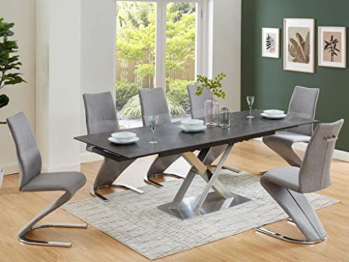 Vente-unique Table à Manger Extensible THYLIA - 6 à 8 Couverts - Céramique et Métal - Effet marbre Noir
