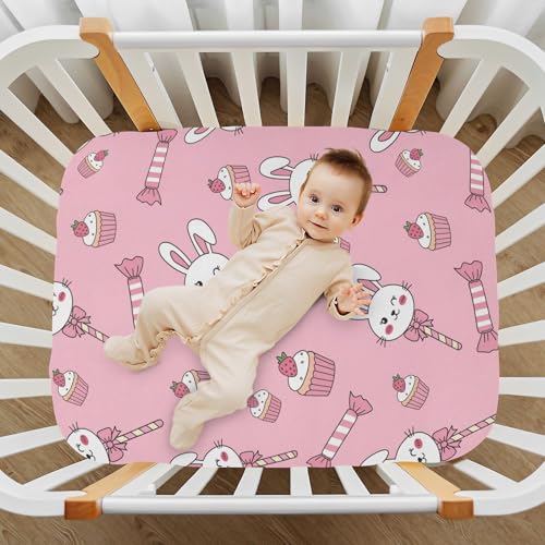 Image of Rabbit Candy Cake Pink Fitted Crib Sheet for Boys Girls Baby Bed Sheets for Baby Gift,52 X 28 in