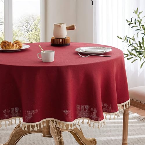 YZJZEDS Tassel Linen Round Table Cloth, Burgundy 60 Inch