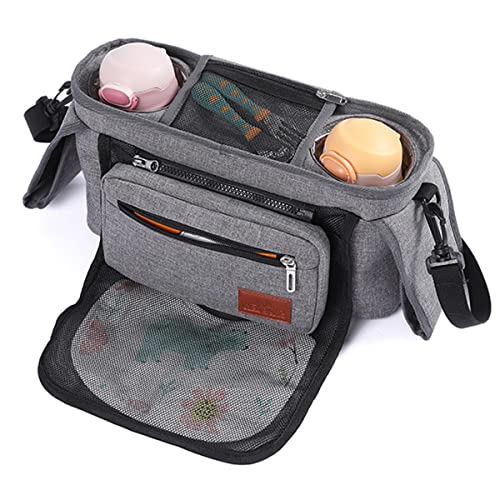 Goldmiky Kinderwagen Organizer, Buggy Kinderwagentasche, Universelle Kinderwagen-Aufbewahrungstasche mit 2 isolierten Getränkehaltern und Schultergurt, Großer Stauraum Buggy Organizer (Dunkelgrau)