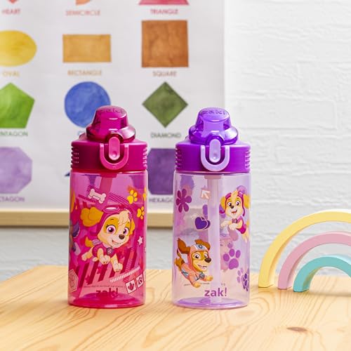 Image of Zak Designs PAW Patrol Sage Kids Water Bottle For School or Travel, 16oz Durable Plastic Water Bottle With Straw, Handle, and Leak-Proof, Pop-Up Spout Cover, 2-Pack Set (Skye & Friends)