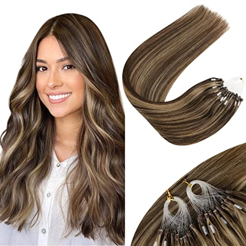Sunny 14inch Micro Ring Hair Extensions Brown Mixed with Blonde Remy Human Hair Extensions Silky Straight Micro Ring Loop Hair Extensions 50gram