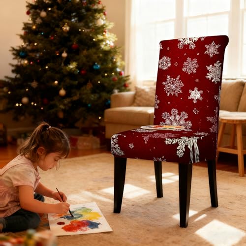 Image of Nuxovilar 4PCS Red Snowflake Stretch Chair Covers 23.6x70in | Holiday Slipcover Festive Protector Snowflake Wrap Seat Guard Dining Room Family Kitchen Party (Red Snowflake)