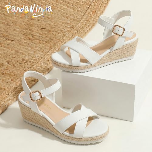 Image of PANDNAINJIA Girls Sandals Wedge Platform Heels Dress Shoes | Little Big Kids Girl Cross Strap Sandal Adjustable Espadrille Flatform Lightweight Flower Wedding Party Shoes