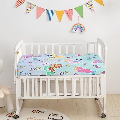 Image of 3pcs Nursery Crib Bedding Set with Comforter, Sheet & Skirt, Watercolor Mermaid Marine Life Printed for Baby Boys and Girls