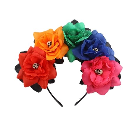 Women's Bohemian Rose Flower Crown Mexican Day of The Dead Headband Halloween Party Costume Headpiece (A- Colorful 2, Free)