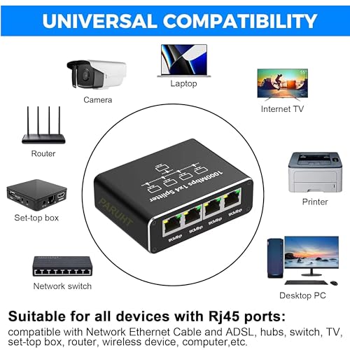 Image of Ethernet Splitter 1 to 4 Gigabit 1000Mbps - RJ45 LAN Network Adapter Hub with USB-C Power, Cat8 /Cat7 /Cat6 /Cat5e Compatible - Plug & Play Internet Cable Splitter for 4 Devices, Black ETHSP-1B4