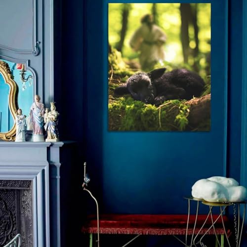 Image of Jesus and Lamb Canvas Wall Art Jesus Runs for the Lost Sheep In Summer Forest Picture Wall Art Canvas Print Christian Home Decor 12x16 inch