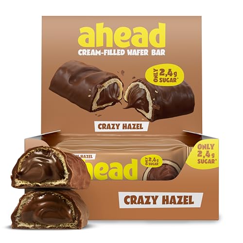 Ahead Waffelriegel Crazy Hazel 12 x 30g | Knusprige Waffel mit Kakao-Haselnuss-Cremefüllung | Schokolade ohne Zuckerzusatz | nur 2 4 g Zucker pro Riegel