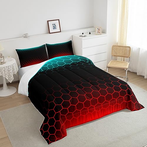 Image of Red Blue Ombre Bedding Set Queen, Geometric Honeycomb Comforter Set Abstract Ombre Honeycomb Comforter Beehive Hexagon Duvet Set with 2 Pillow Case
