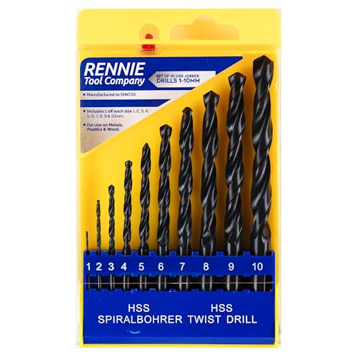 Rennie Tools 1-10mm HSS Jobber Drill Bit Set 10 Piece (PCS) / 1mm Increments For Wood, Plastic, Non-Ferrous Metals & Steels