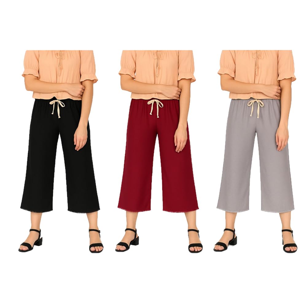 Women's Mid Waisted Capri Pants Casual Wide Leg Yoga Pants Loose Soft Pajama Pant (BGM) Combo Pack of 3-image-32