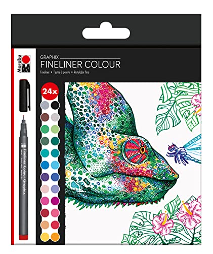 Marabu 0146000000104 - Fineliner Graphix, Set Hypnotize, 24 brillante Farben, Strichstärke ca. 0,5 mm, wasserbasierte Pigment-Tusche, metallgefasste Kunststoffspitze