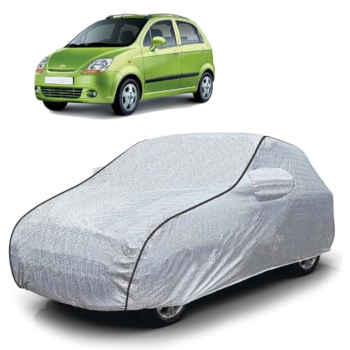 Image of Sulfar 100% Waterproof Car Body Cover Compatible with Mirror for Chevrolet Spark (Triple Stitched, Full Bottom Elastic, Magic Silver with Black Piping)