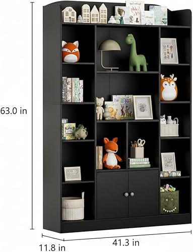 Miniatura 2 de Estantería negra de 63 pulgadas de alto con 14 cubos y armario de 2 puertas, estantería grande de madera de 5 niveles, organizador de almacenamiento