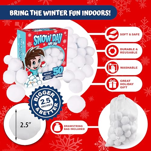 Image of Giraffe 50 Pack Jumbo Fun Fake Snowball for Kids 2.5 Inches - Artificial Snowballs Bulk for Indoor and Outdoor - Snow Ball for Decorations, Winter Toy Games Fights - Fun Christmas Party Activities