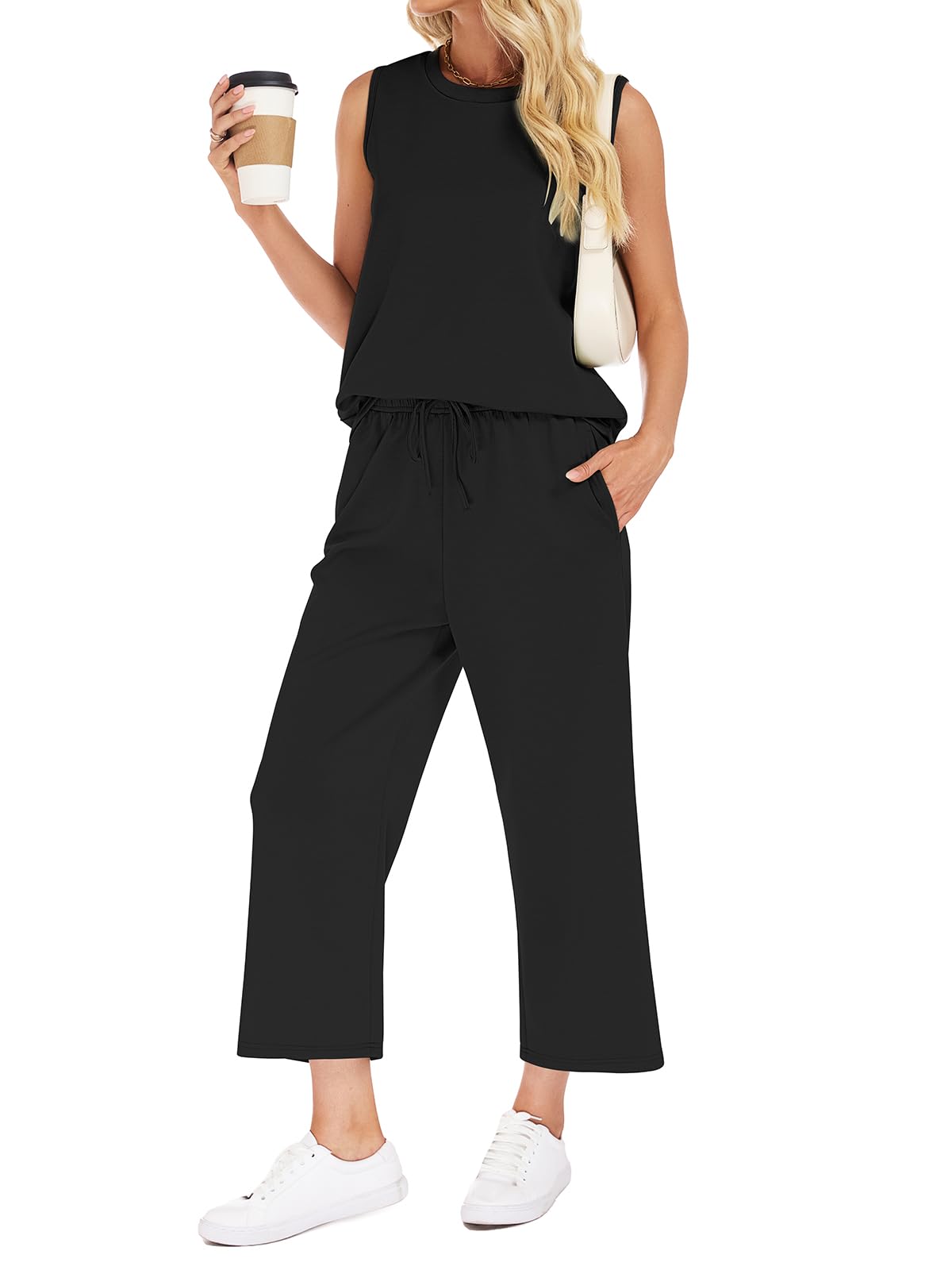 VUTRU Chándal de dos piezas para mujer, traje de verano de manga corta, informal, chándal para mujer y pantalones anchos con bolsillos, traje de casa