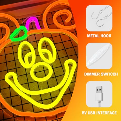 Image of Halloween Neon Sign Dimmable Pumpkin Neon Sign for Wall Decor Halloween Neon Light Home, Room, Party, Bar, Kids Room, Window Porch Front Halloween Decorations
