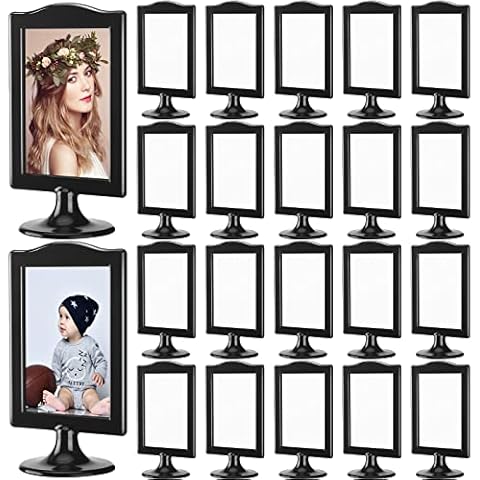 Amyhill Double Sided Standing Picture Frames 4 x 6 Pedestal Photo Frame Plastic Self Standing Frame Each Frame Holds 2 Pictures Tabletop Vertical Display Frame for Wedding Table Bridal (Black, 20 Pcs) Cover