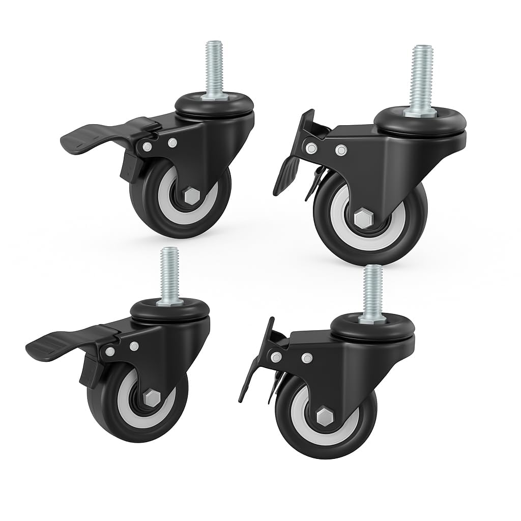 ELLOZIA 2 Inch Stem Casters,Double Brakes Black PU Thread 360° Swivel Caster Wheels for Furture Carts DIY Stands | Pack of 04-image-19