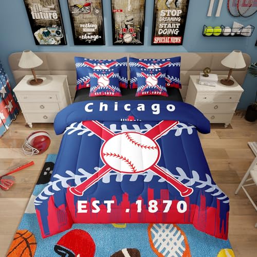 Erosebridal 7 Pcs Comforter Set Full Size,Boys Sports Bed in a Bag with Flat Sheet and Fitted Sheet for Kids and Adults,Baseball Bat Ball Bedding Set with Pillowcases and Cushion Cases