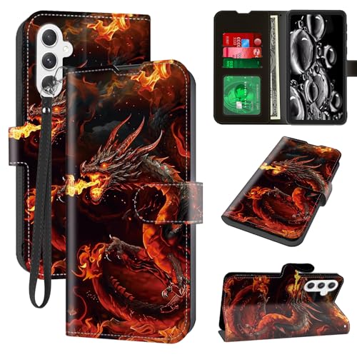 ACWDMKH for Samsung Galaxy A25 5G Phone Case with Card Holder & Kickstand & Wrist Strap Wallet Flip Folio Leather Magnetic Protective Cover Shockproof Case for Galaxy A25 5G,Cool Red Dragon