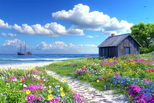 Adultos y Principiantes Diamond Painting Taladro Completo 5D DIY Arts Kits Hermosa Villa Frente Al Mar Imagen Diamante Pintura Pintura Para Decoración Pared Hogar Taladro Redondo 90x135cm C0560
