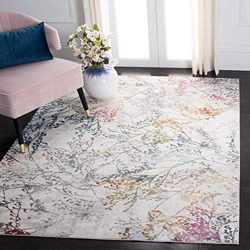 SAFAVIEH Aria Collection Area Rug - 8' x 10', Ivory & Blue, Boho Floral Branches Distressed Design, Non-Shedding & Easy Care, Ideal for High Traffic Areas in Living Room, Bedroom (ARA132A)