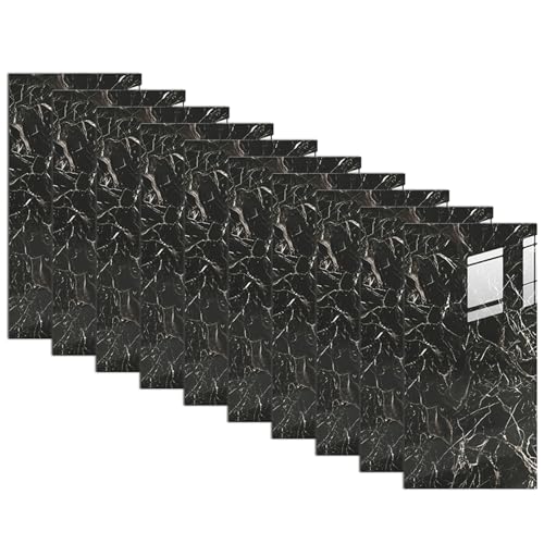 10PCS Peel and Stick Wall Panels 12x24 inch Waterproof Marble Texture Shower Wall Panels Self-Adhesive PVC Tile Sticker for Kitchen Bathroom, Black