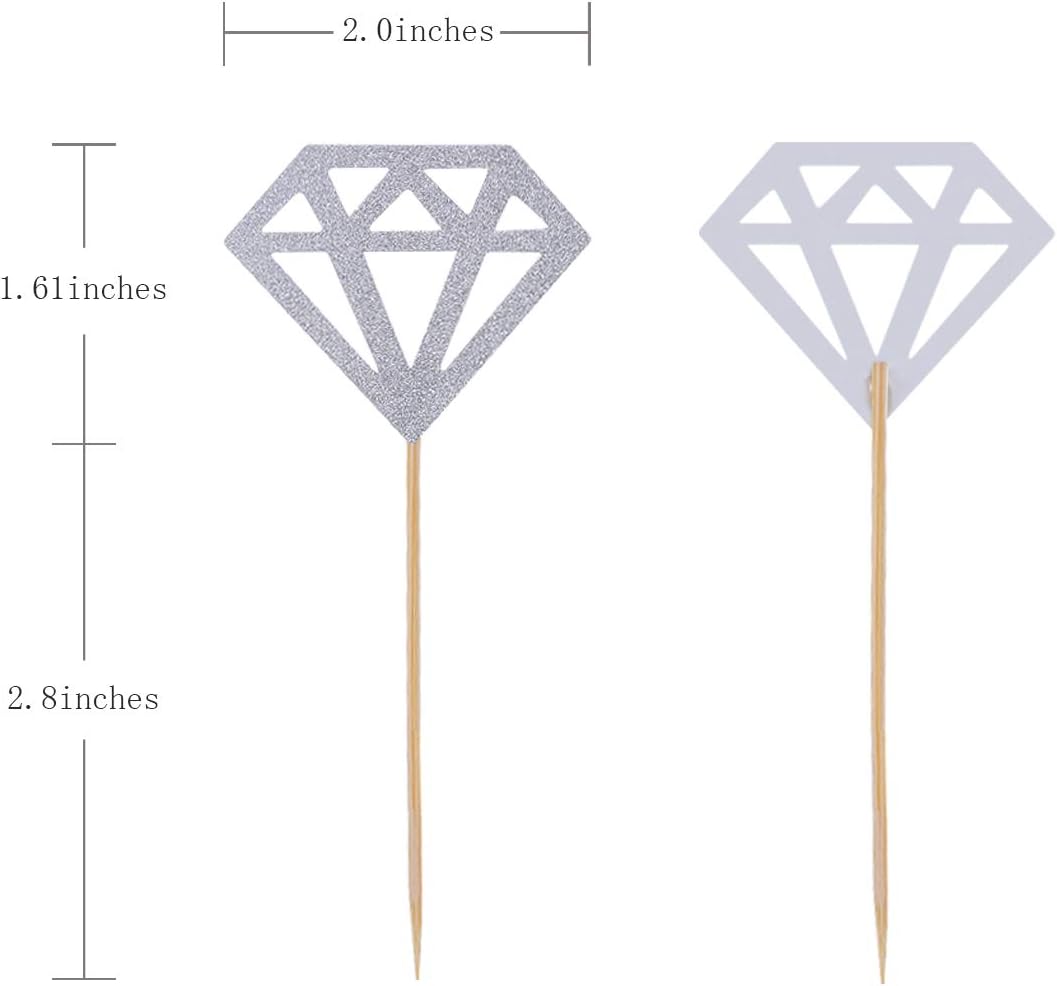 50 Pack Diamond Cupcake Toppers Silver Glitter Diamond Cupcake Picks for Wedding Bridal Shower Party Cake Decoration Supplies