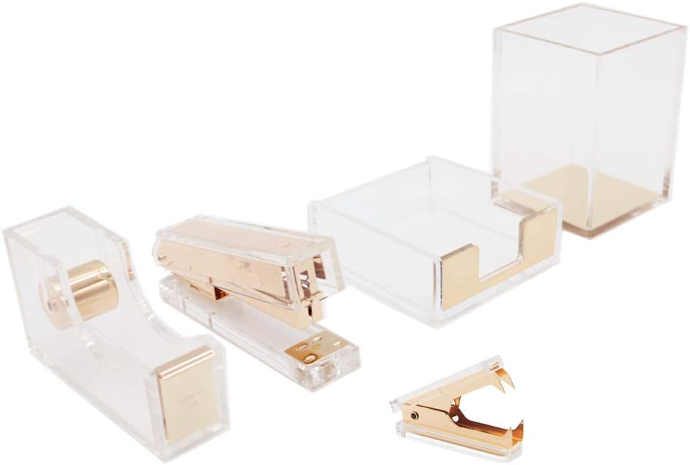 6-Piece Yellow Gold Desk Accessories Clear Acrylic Office Supplies Desktop Stationery Set Stapler, Tape Dispenser, Pen Holder, Sticky Note Holder, Staples Remover, 1000pcs Staples