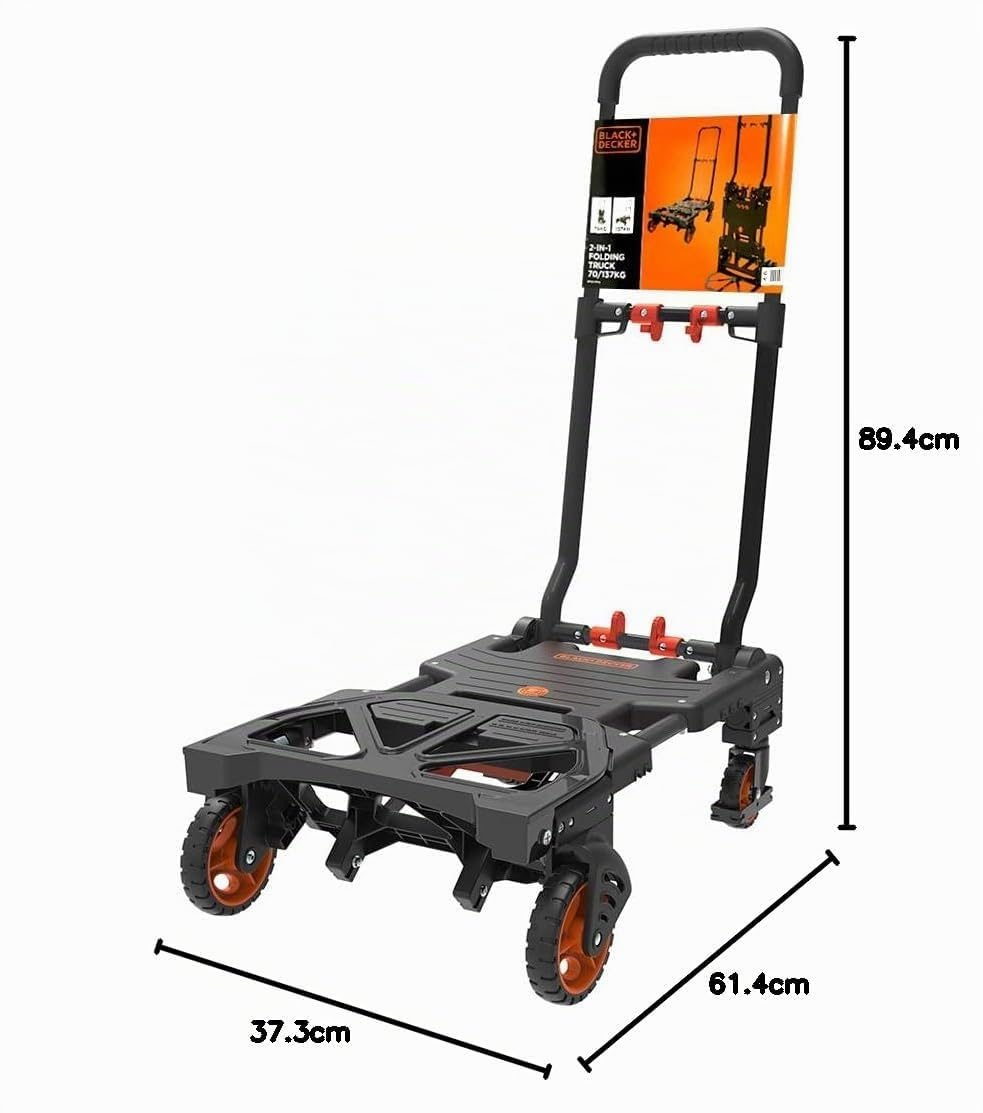 Black+Decker 2-en-1 Carro y Caretilla Plegable - Carretilla de Carga MAX. 55KG - Caretilla de Mano MAX. 120KG - Carro Plataforma con Ruedas Robustas - Plástico/Acero