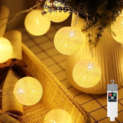 Ayciep Baumwollkugeln Lichterkette, Wiederaufladbare Batterie mit Controller, 3M 20LED Cotton Balls Lichterkette Batterie, 8 Modi | 3 Timer | Warmweiß | Innen/Außen Ayciep Baumwollkugeln Lichterkette, Wiederaufladbare Batterie mit Controller, 3M 20LED Cotton Balls Lichterkette Batterie, 8 Modi | 3 Timer | Warmweiß | Innen/Außen
