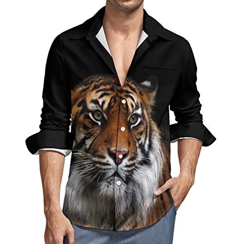 Tiger Men's Shirt Regular Fit Casual Tops Button Down Long-Sleeve with Pocket