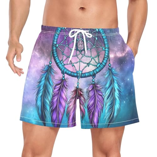 Mens Swim Trunks with Liner, Dreamcatcher Galaxy Feather Cool Quick Dry Beach Swim Shorts, Swimwear Bathing Suits S