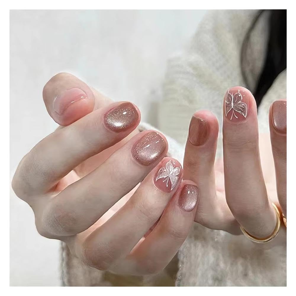 24Pcs Short Square Head Press On False Nails Pearl Rhinestone Shiny Powder Gradient Fake Nails Manicure Decorations(Y3)