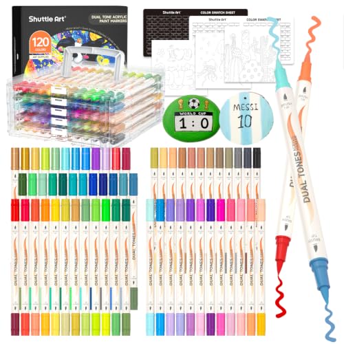 Shuttle Art 120 Colors Dual Tone Acrylic Paint Markers 60 Pack Acrylic Paint Pens Set for Rock Painting Ceramic Wood Canvas Glass Stone Fabric Card Making DIY Football Crafts FlipFunAlong