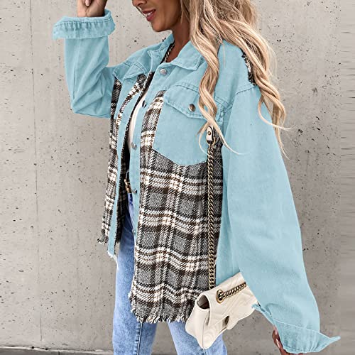 Amikadom Jaqueta feminina outono inverno manga longa denim gráfico xadrez vaqueira jaquetas Shacket
