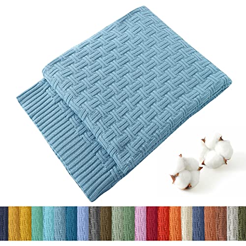 Image of TREELY 100% Cotton Knitted Throw Blanket 31 x 40 Inches, Teal Blue
