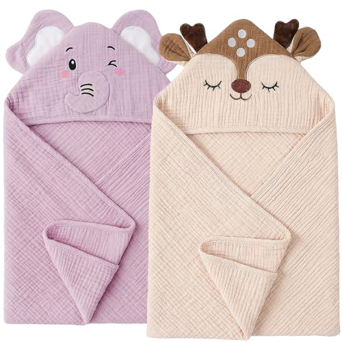Image of 4 PCS Muslin Baby Bath Towels Set, 100% Cotton 2 PCS Animal Hooded Baby Towels 32x32 Inch & 2 PCS Washcloths, Ultra Absorbent & Soft Infant Newborn Essentials Gifts for Boys & Girls, Elephant & Deer