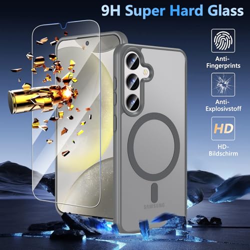 Image of OWKEY for Galaxy S24|S25 Case 6.2'',Magnetic Samsung Galaxy S24 /S25 Case for Magsafe with Tempered Glass Screen Protector, [Shockproof Military] Translucent Back Slim Bumper Cover S24 S25 Case, Gray