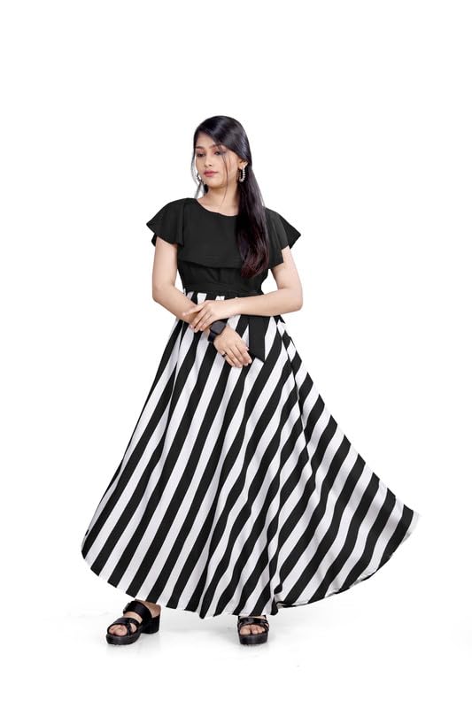 Image of R & R FASHION Girl's Western Style Printed Gown 33 to 44 Crepe Collar Neck Full Length Gown (Multi)