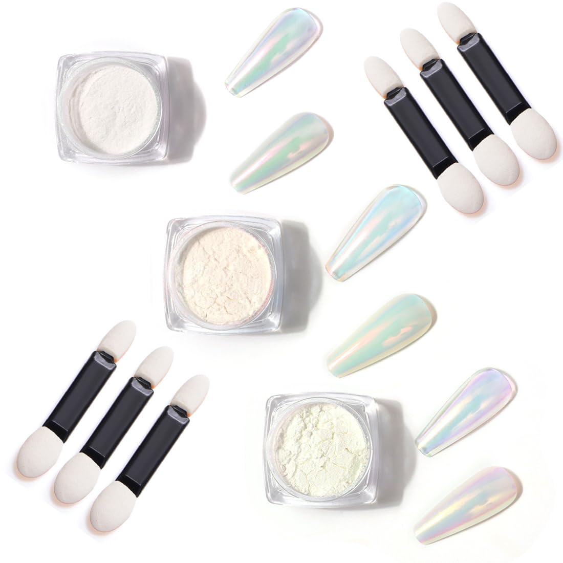 3Pcs polvere bianca cromata per unghie – Aurora Shimmer cromo pigmento polvere per unghie, luce di luna sirena iridescente per nail art manicure fai da te